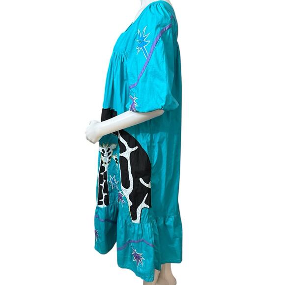 Vintage 70s Ramona Rule Dress, Giraffe Graphic Flowers One Size Teal - Picture 3 of 8